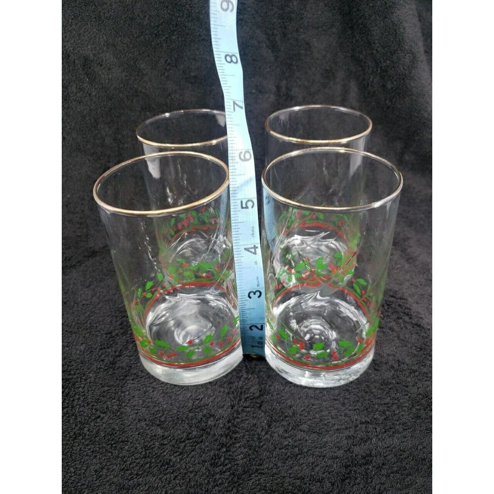 Arby's Holly Berry Tumbler Glasses VTG Christmas 1984 Heavy Weight Base Gold Rim
